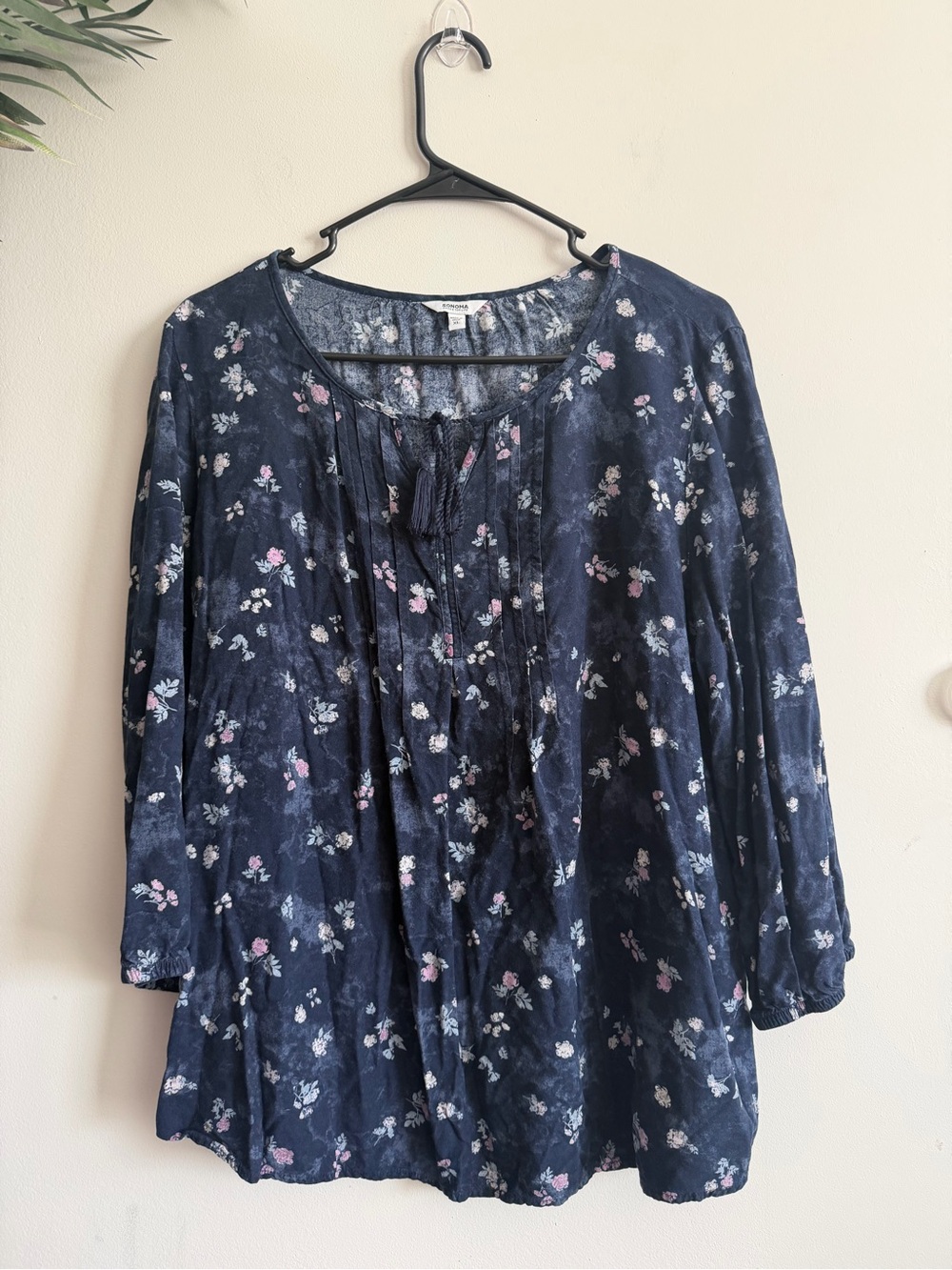 Sonoma Navy Floral Peasant Tunic with Pink and White Blossoms